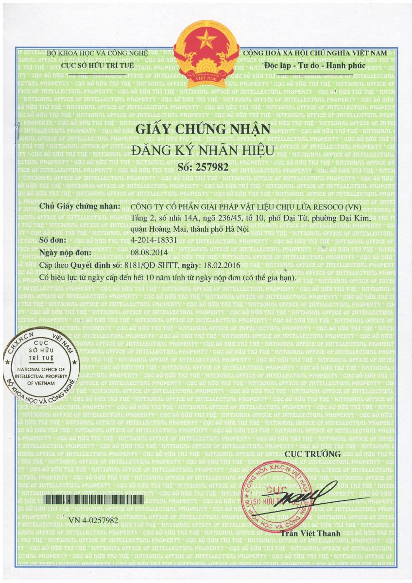 Chứng nhận bảo hộ thương hiệu - Bê tông chịu lửa RSC